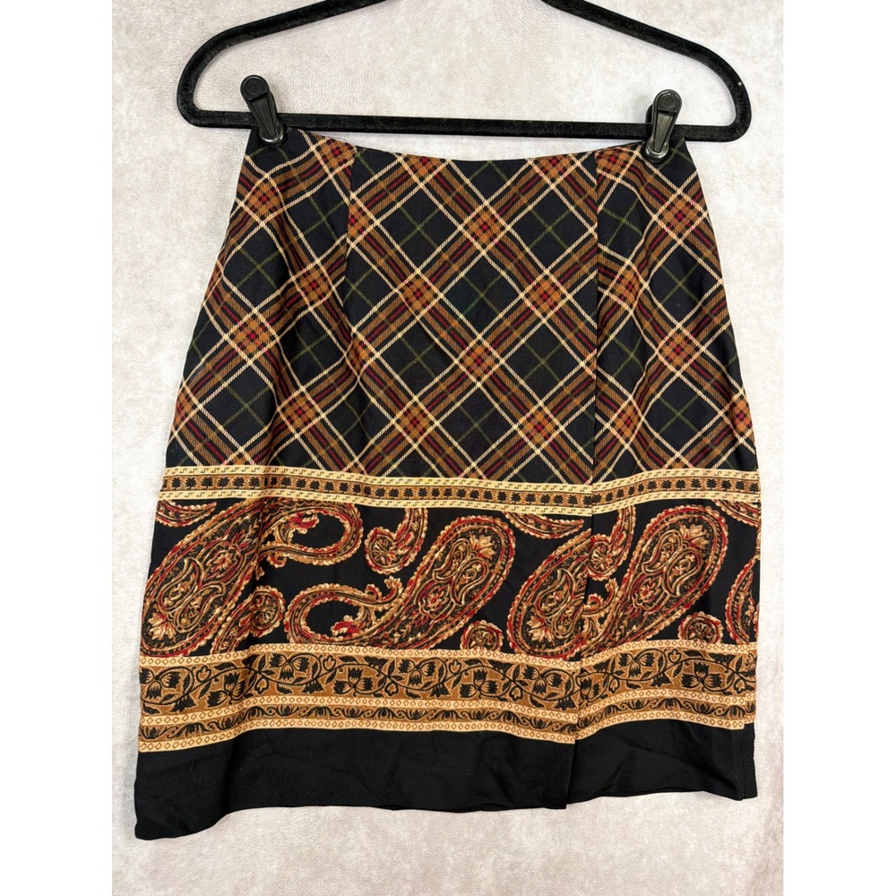 VTG Kathie Lee Mini Skirt Women Size 8 Black Plaid Paisley Mixed Print Rayon
